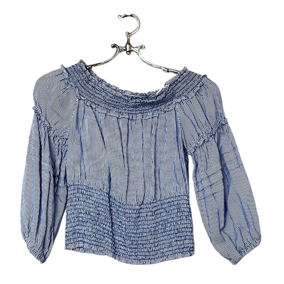 Max Studio London Smocked off ShoulderWhite and Blue Striped Blouse Size… - Picture 1 of 11